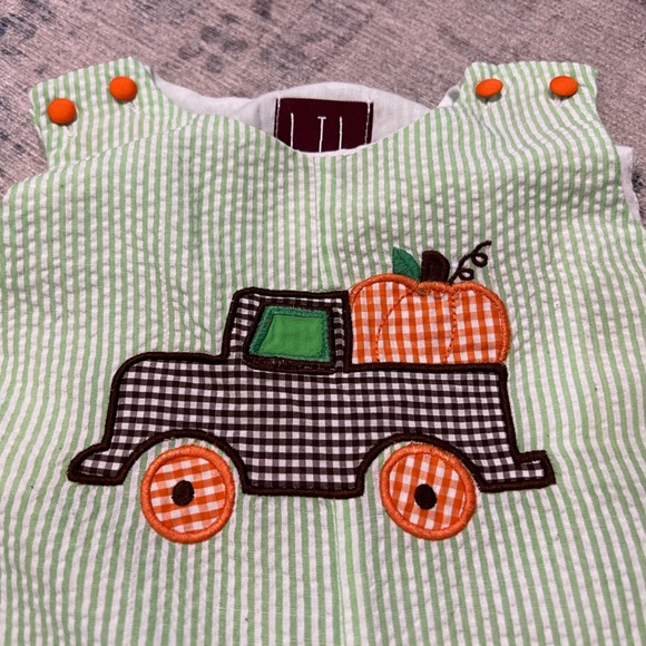 Lil Cactus Fall Pumpkin in a Truck seersucker overalls romper, size 18-24m - Picture 2 of 4